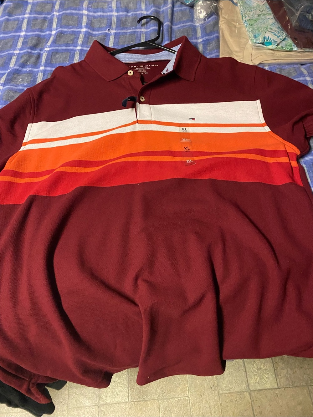 Tommy Hilfiger Men's Polo Shirt - Burgundy with Orange & White Stripes